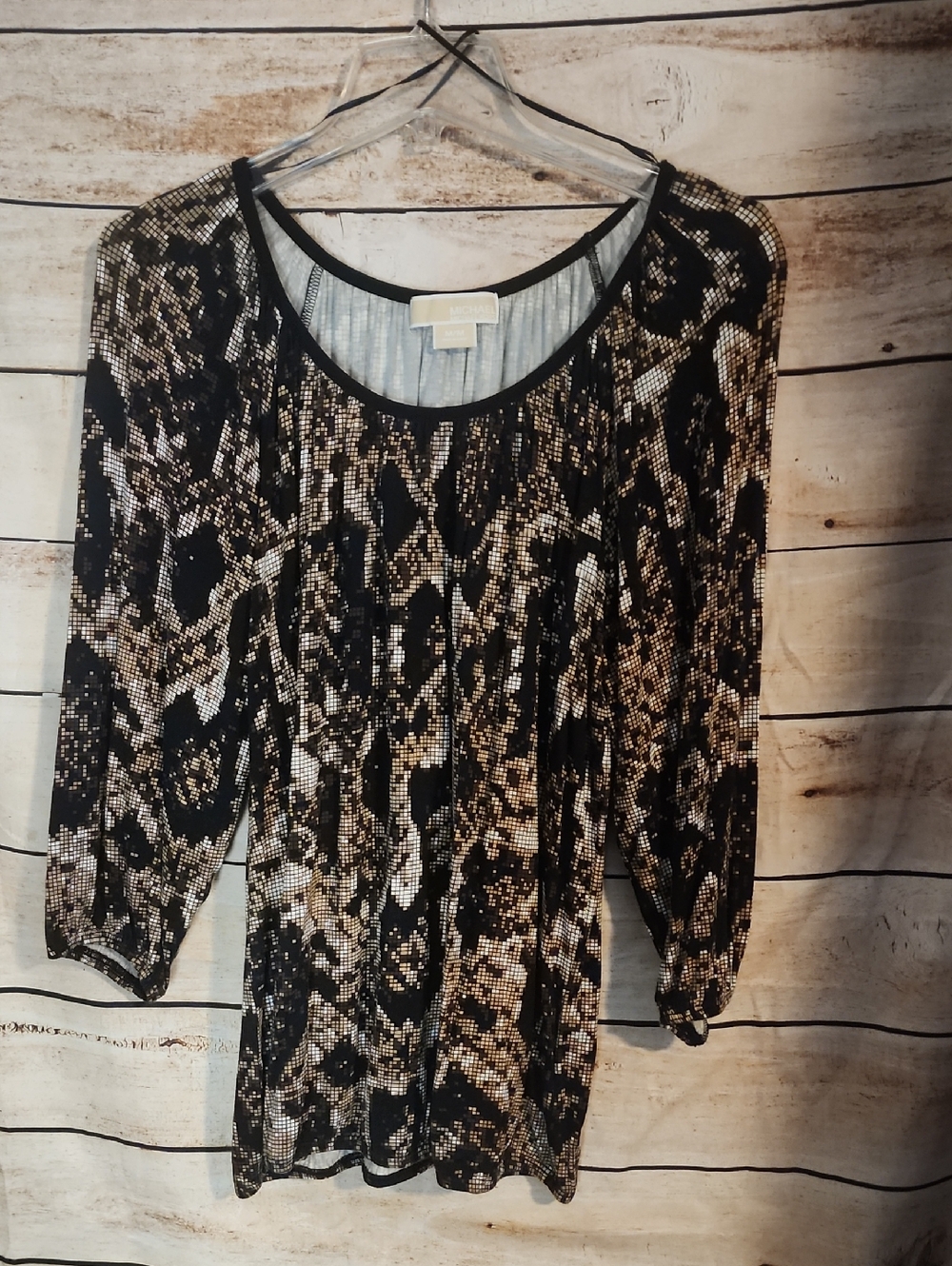 Michael Kors Black and Brown Snake-Print Long Sleeve Top